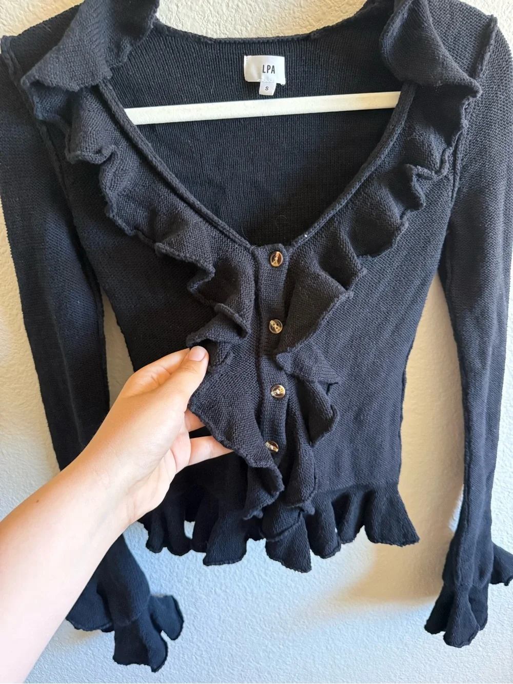 LPA Black Ruffle Sweater Cardigan Cotton and Silk Blend Button Front Size Small - Picture 4 of 8